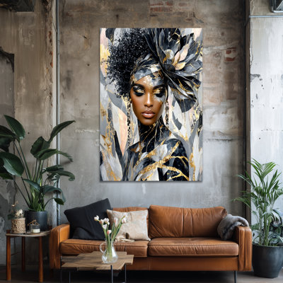 Abstract Art Prints - African American Canvas Wall Art, Black Woman Artwork Wall Decor for Home Settings, Elegant Gold and Monochrome Painting for Living Room Decor, 18×24 inches