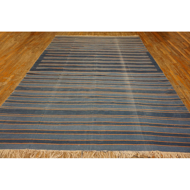 Blue Color Striped Pattern Antique Flat Weave Cotton Indian Dhurrie Rug