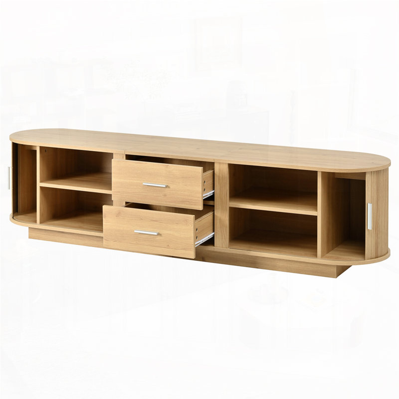 Meuble télé moderne pour téléviseur avec tiroirs, rangement coulissant caché, coins arrondis, Bois d'acacia