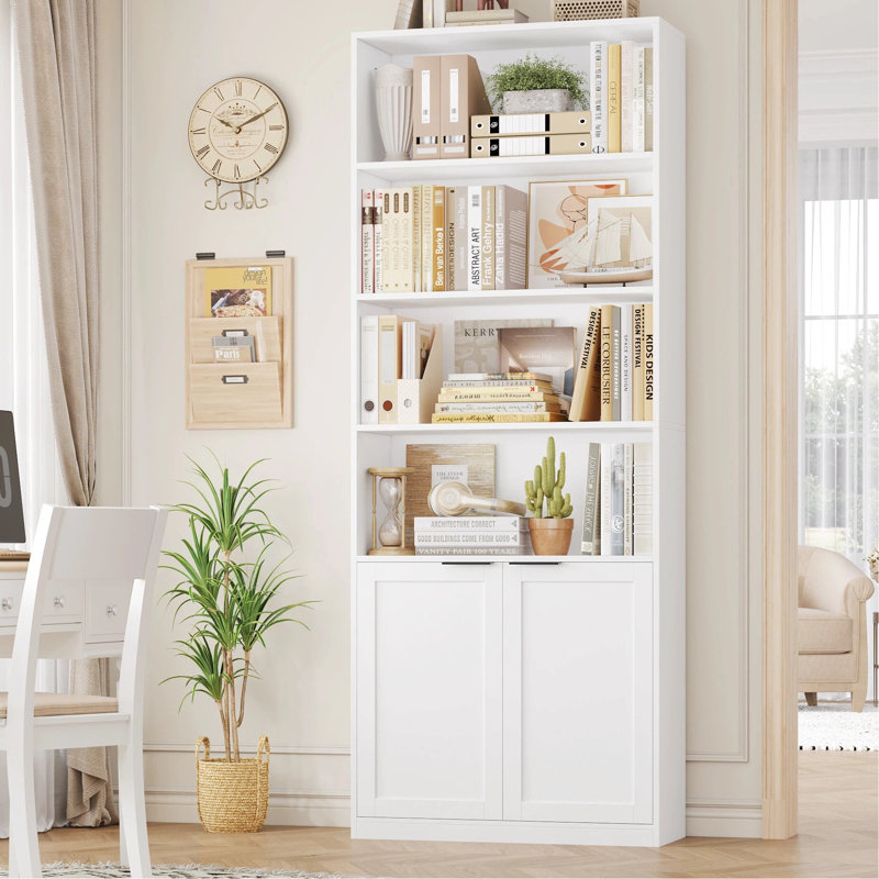 Bibliothèque à 73 niveaux H 73,2 ", bibliothèque à une rangée avec armoire à 2 portes et 4 tablettes ouvertes pour le salon de bureau