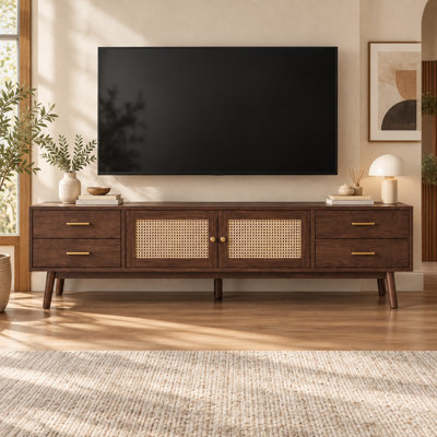 Meuble télé moderne de style Mid-Century pour téléviseurs jusqu'à 80 pouces, console multimédia avec 4 tiroirs et 2 placards de rangement, meuble télé en rotin avec pieds en bois massif, gestion des câbles pour salon