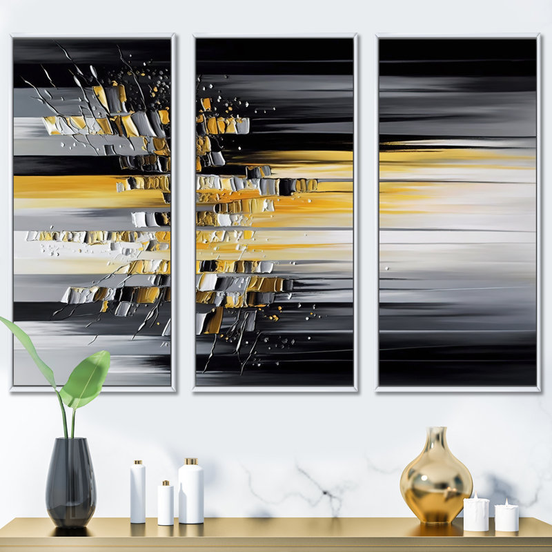 Abstrait géométrique noir et jaune I - animaux, ensemble d'art mural sur toile, Cadre flottant blanc