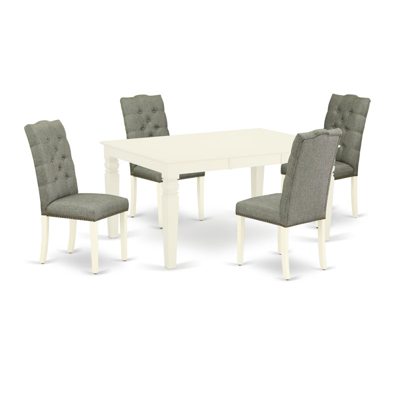 Cet ensemble de salle à manger 5 pièces comprend une table de salle à manger rectangulaire avec des rallonges papillon et 4 chaises rembourrées en lin gris, blanc lin