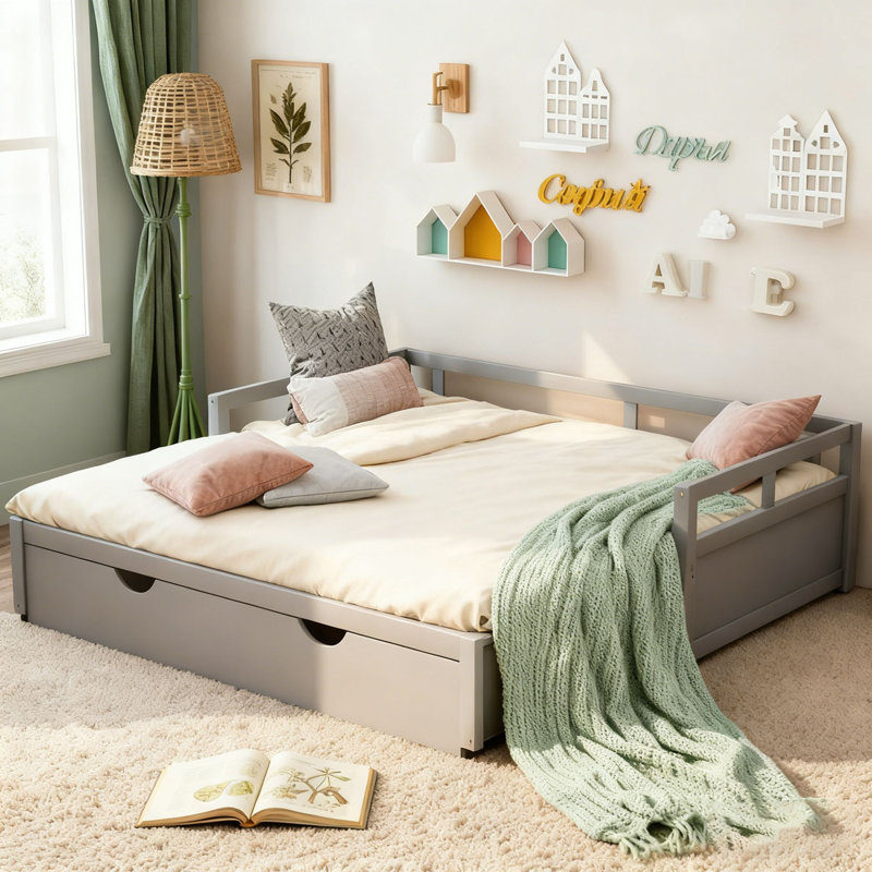 Lit de jour extensible avec couchette, lit de jour en bois avec couchette, Gris