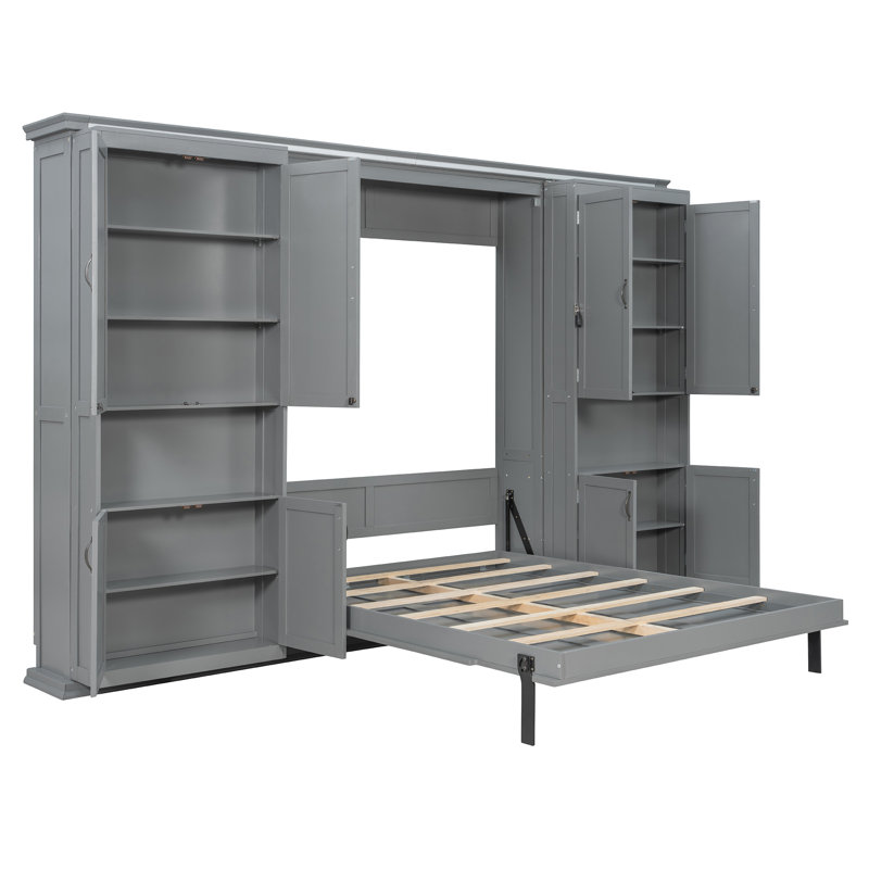 Lit escamotable Queen avec rangement, lit mural moderne en bois MDF gris pour bureau à domicile, Gris