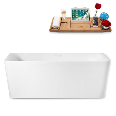 63" Streamline Freestanding Soaking Acrylic Bathtub With Drain and Bamboo Tray