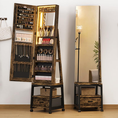 Armoire à bijoux pivotante à 360 °, organisateur de bijoux sur pied verrouillable avec miroir pleine longueur
