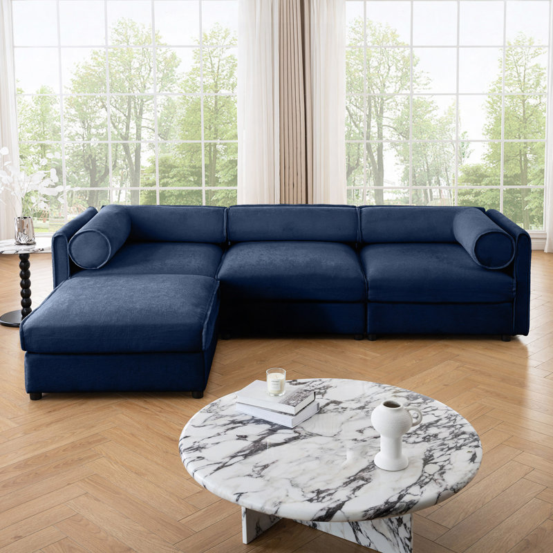 Khalil L-Shaped Chenille Sectional Sofa with Ottoman & Hidden Storage, Chenille bleu, H 27,9 po x l 109 po x P 37,4 po