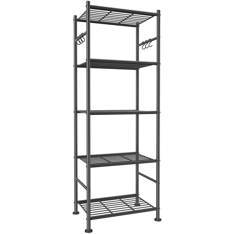Storage Shelves - 5-Tier Large Capacity Shelf Organizer with Hooks, Heavy-Duty Garage Shelving with Leveling Feet, Wobble-Free Rack for Bedroom, Balcony, Garage, 18.1"×12.4"×56.8", Black