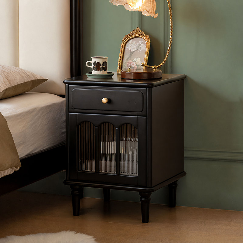 23"H Traditional Solid Wood Nightstand with Fluted Glass Door, Drawer-Left, Left Door, Rubberwood & Black Paint