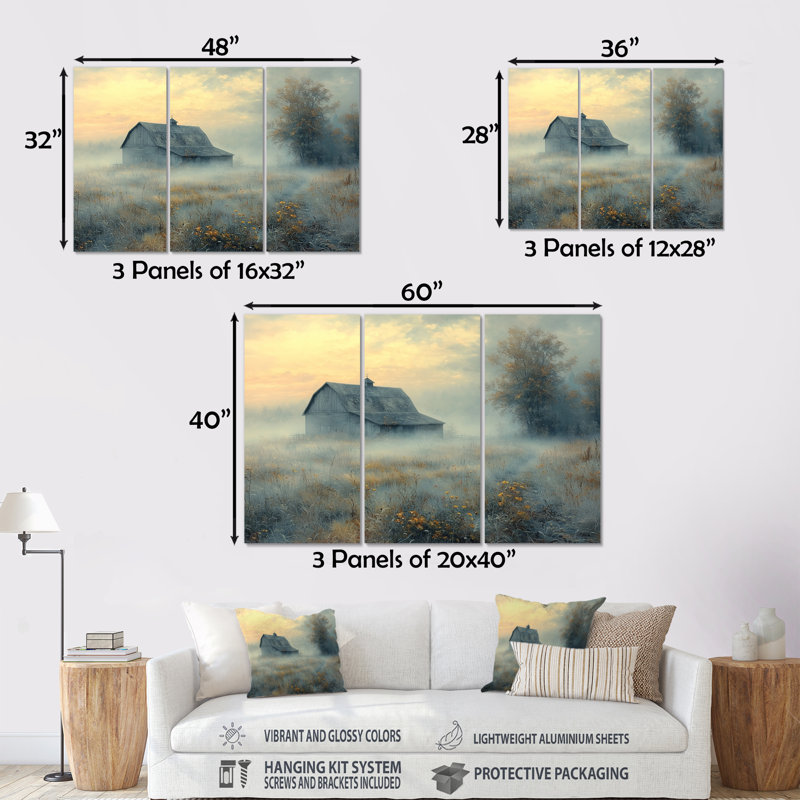 «Blue Misty Dawn Farmhouse IV», ensemble d'art mural de ferme, Métal métal, H 28 po x l 36 po x P 1 po