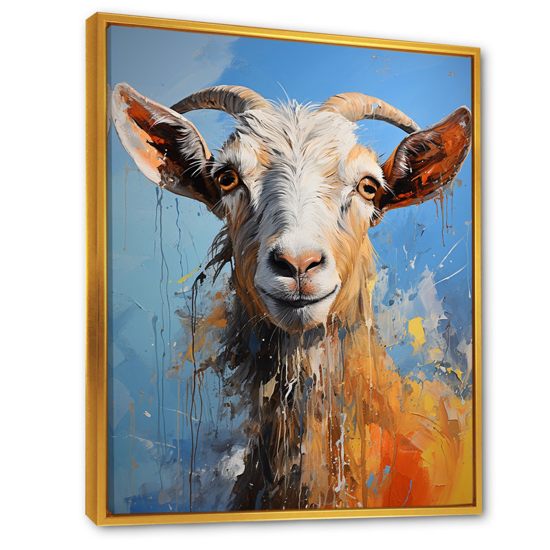 Blanc blanc Pop Art Portrait de chèvre - art mural animal de chèvre, Cadre flottant doré, 32" H x 24" W