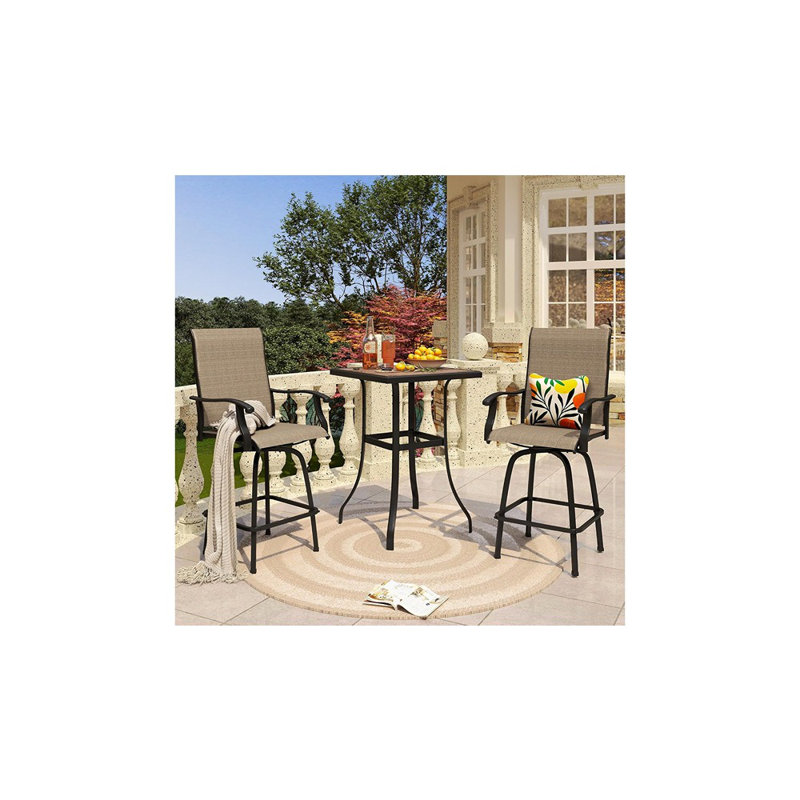 Ensemble de bar pivotant extérieur PVC-coated polyester - bistro haut avec 2 tabourets de bar et table carrée, brun