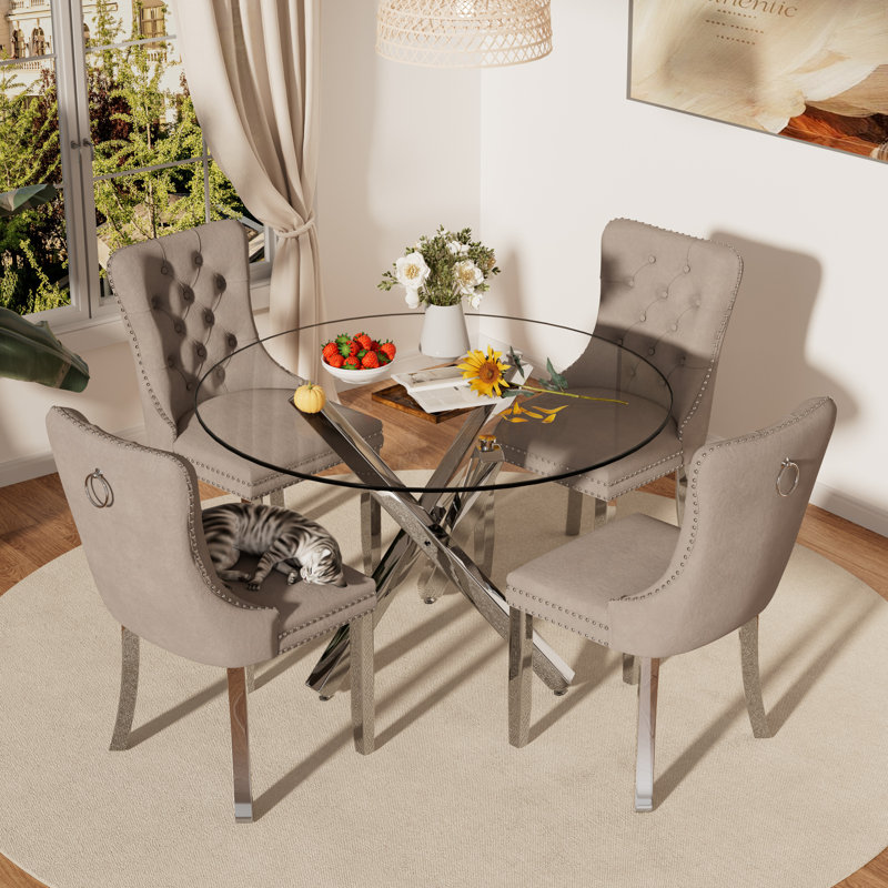 Glass Top Piece Round Glass Dining Table Set 5-Piece Round Glass
