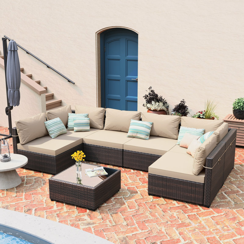 7-piece wicker patio conversation sets with cushions, Beige, 7 Pcs, Brown