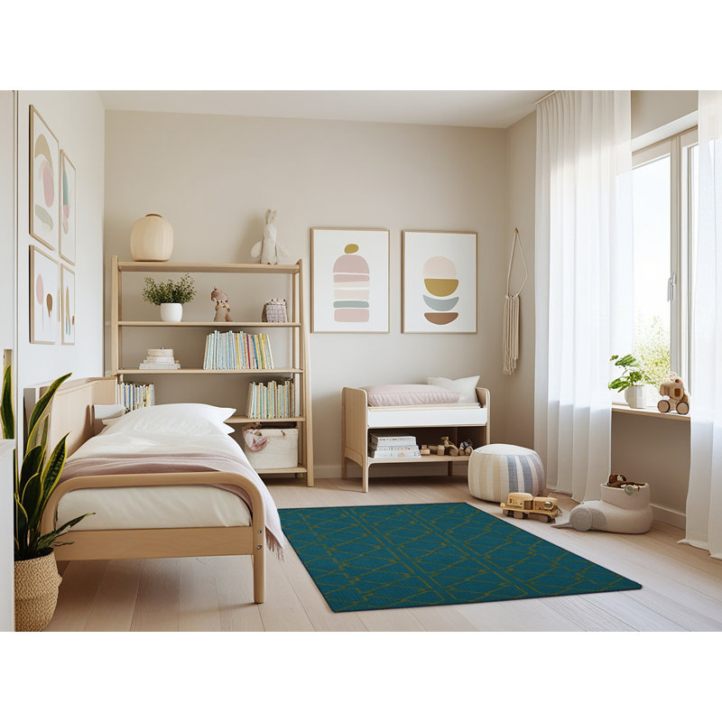 Tapis bleu en treillis lavable à la machine, Rectangulaire 3 pi x 5 pi