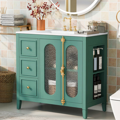 Meuble-lavabo de 36 po avec 2 portes, structure en bois massif. Capacité de rangement abondante: 3 tiroirs. Décoration élégante en verre translucide. Fabrication. Facile à monter. Cadre d'accessoires pour lac, fermeture en douceur