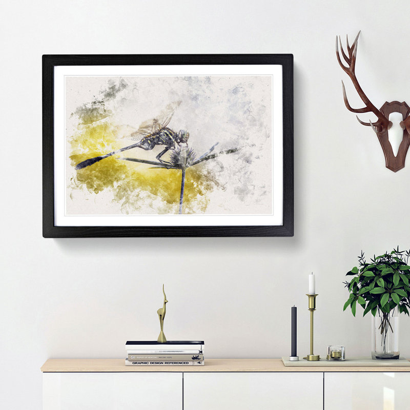 Dragonfly Upon A Thistle - Single Picture Frame Painting on MDF, 45cm H x 63cm W x 2cm D, Black Framed
