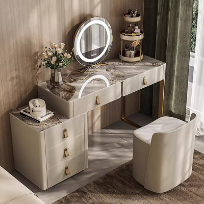 Coiffeuse avec miroir lumineux, 5 tiroirs, 1 chaise