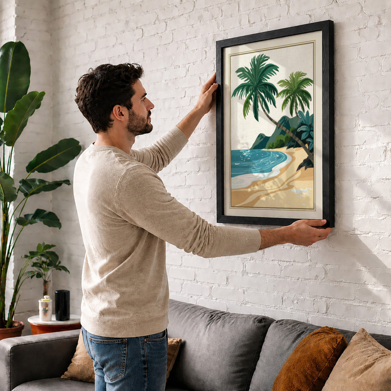Tropical Beach Palms Art Deco - Framed Print, Oak, A4 - 29.7 x 21.0 cm