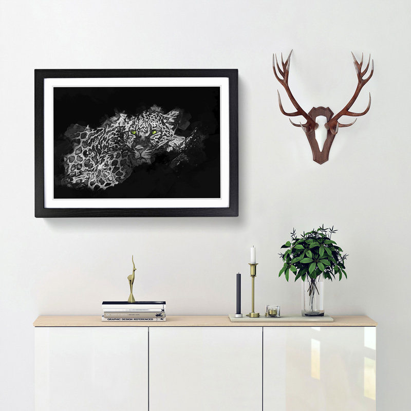 Leopard with Green Eyes High in Abstract - Picture Frame Graphic Art Print, 48cm H x 65cm W x 2cm D, Black Framed