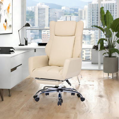 Fauteuil de bureau ergonomique à pieds croisés avec repose-pieds, fauteuil de direction grand et haut en cuir avec roulettes, accoudoir réversible et coussin lombaire, fauteuil de bureau inclinable à large angle pour ordinateur à 135 ° pour la maison, le bureau (sans massage)
