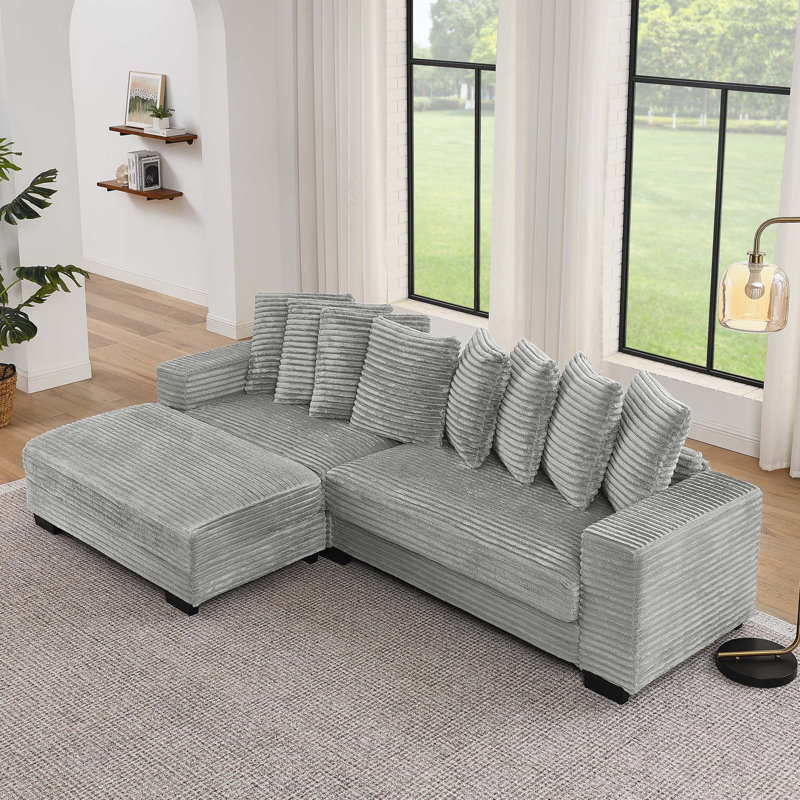 Corduroy Tufted Upholstered Sleeper Sectional Sofa, Grey Corduroy