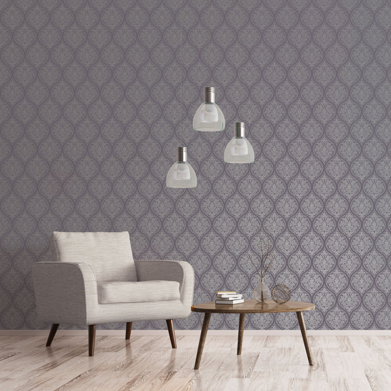 Emporium Metallic Ogee Damask 3D Embossed 33' L x 21" W Wallpaper Roll, Purple/Silver