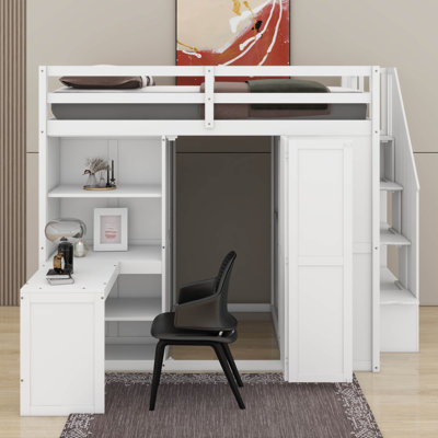 Lit mezzanine double avec garde-robe, bureau et tablettes
