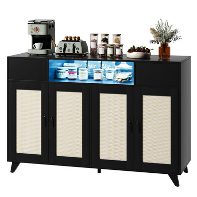 47 INCH Black Modern Boho Rattan Sideboard Buffet Cabinet 4 Doors 2 Drawers Built-in Power Outlets Adjustable Shelves for Dining Room