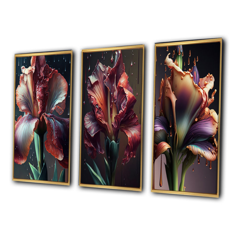 «Red Gladiolus Flowers», 3 pièces sur toile, H 20 po x l 36 po, Cadre flottant doré