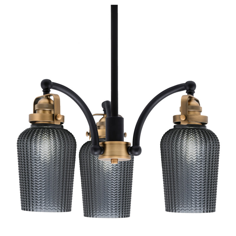 Lustre 3 lumières avec 5 lumières Easton, Verre texturé fumé, Noir mat/nickel brossé