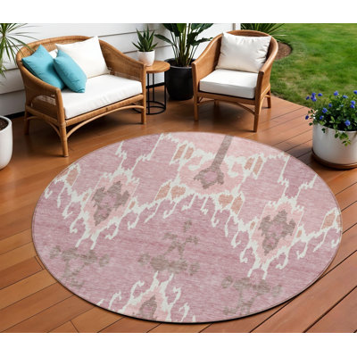 Tapis rond lavable intérieur ikat rose et ivoire 8 pi