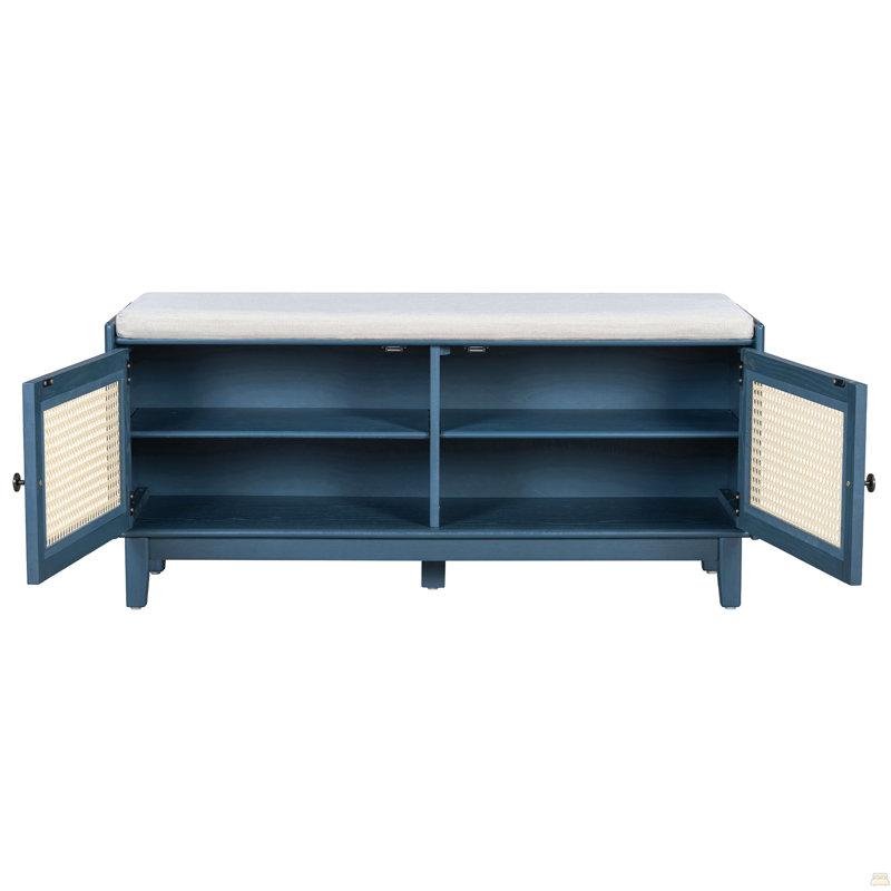 Trexm Boho Rattan Entryway Bench With Storage, Cushioned Shoe Bench With Double Doors, Wooden Shoe Organizer Bench For Entryway And Hallway (Antique Navy)