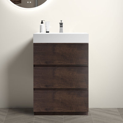 Luminaire de salle de bain 24 po en noyer - moderne, autoportant, beaucoup de rangement à l'intérieur, lavabo blanc, glissières de tiroir, meuble-lavabo pré-assemblé, évier, glissières silencieuses, armoire