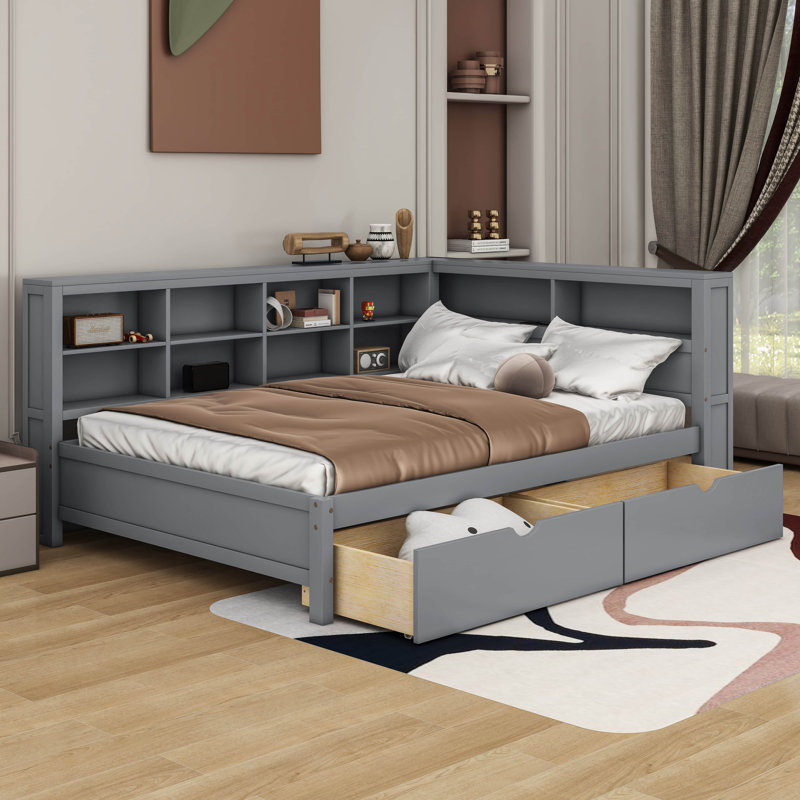Wooden Full Daybed With 2 Drawers, Shelf And USB Charging Ports, Gray