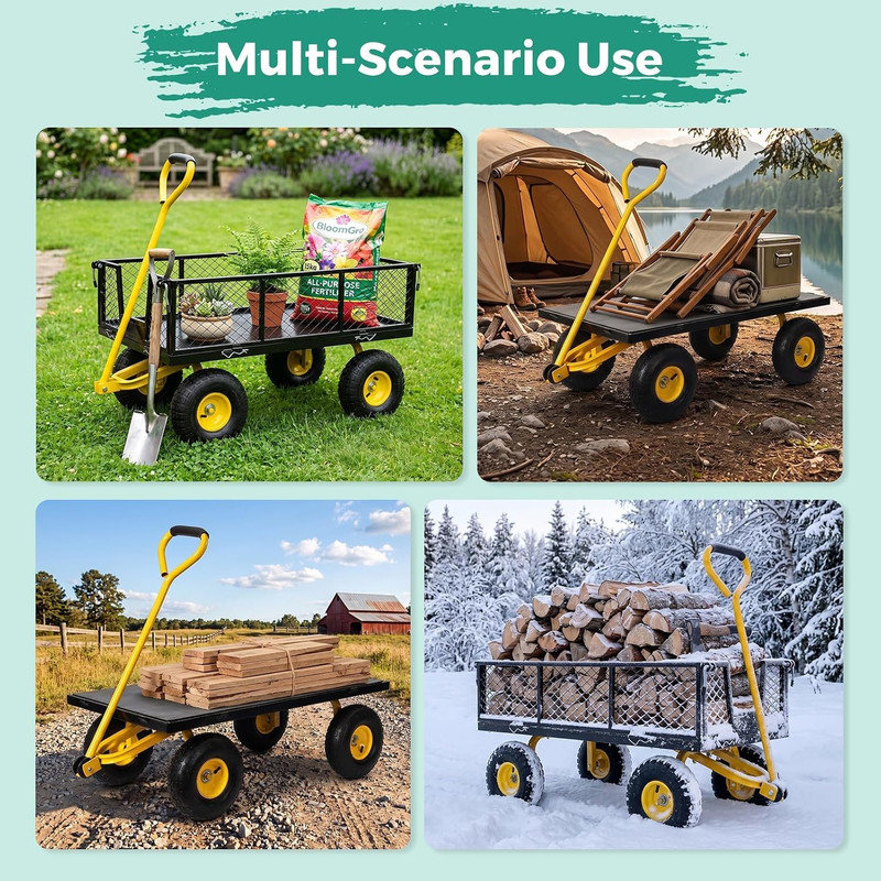 Chariot de jardin robuste en acier 900 lb avec poignée réglable et pneus tout-terrain, Jaune