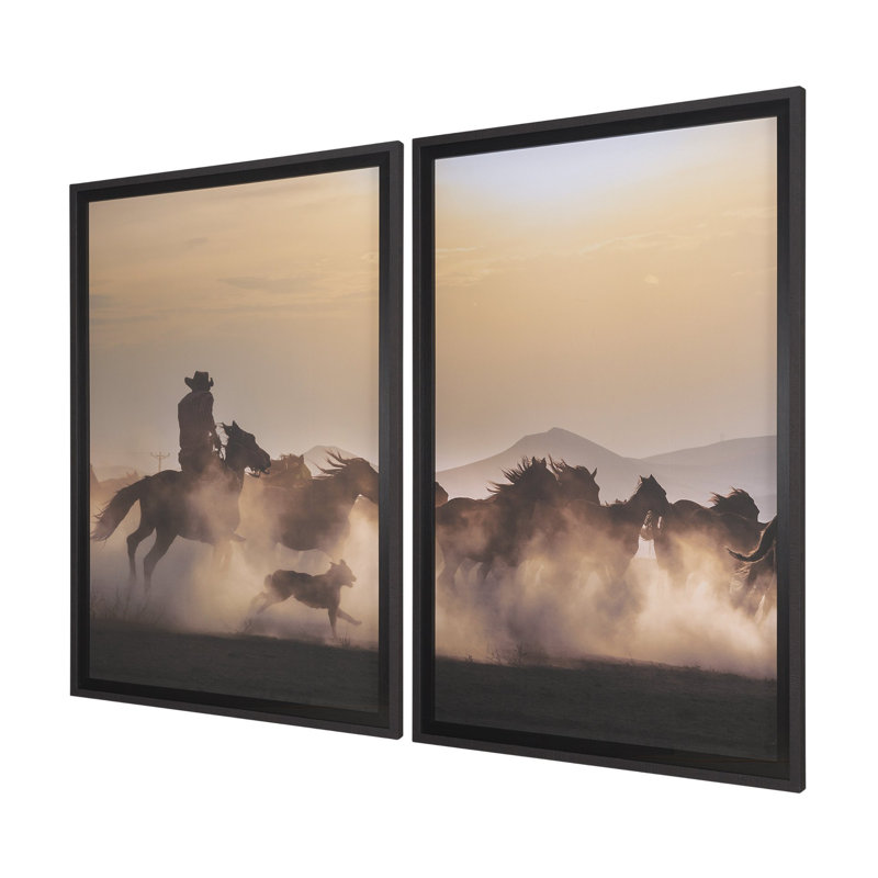«Dusty Herd Chase (lot de 2)» par Ismail Atabek, reproduction de photo encadrée sous verre