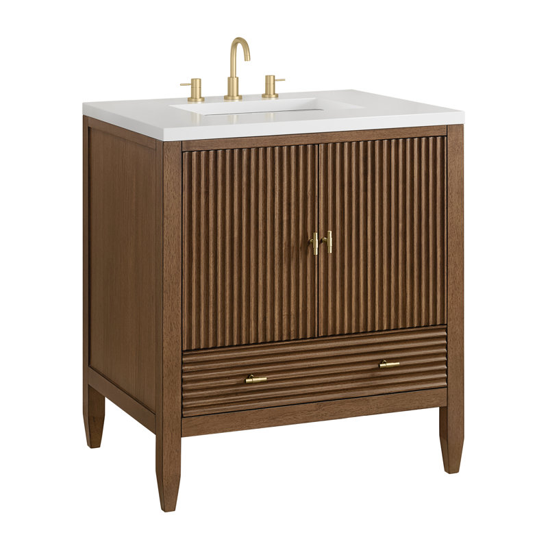 Myrrin 30" W Single Vanity, White Zeus Silestone, Mid-Century Walnut, 8" Widespread