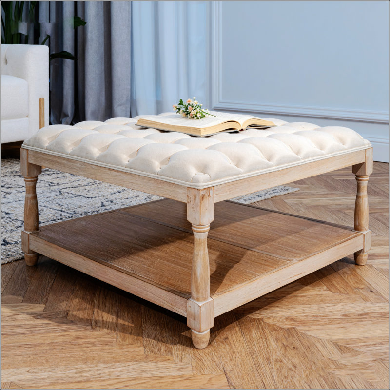 Grande table basse avec repose-pieds carré de 33 pouces avec lin capitonné, tablette de rangement et pieds solides pour le salon et la chambre à coucher