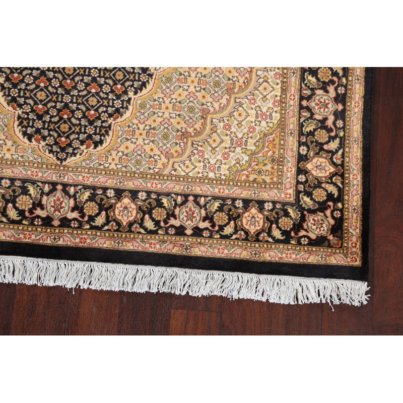 Tapis noir en laine noué à la main de conception unique 5 pi 1 po x 8 pi 1 po New Age