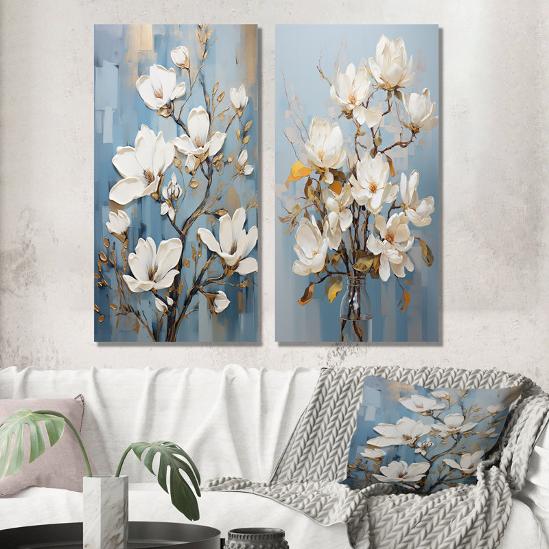 «White and Blue Magnolias Melody - Magnolias», ensemble de 2 reproductions d'art mural, Toile tendue, H 28 po x l 25 po
