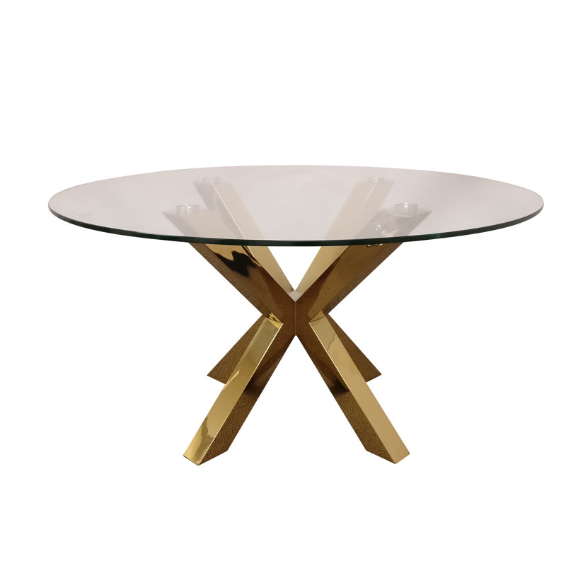 Summerville Round Glass Top Metal Base Dining Table, Gold, 54" W x 54" L