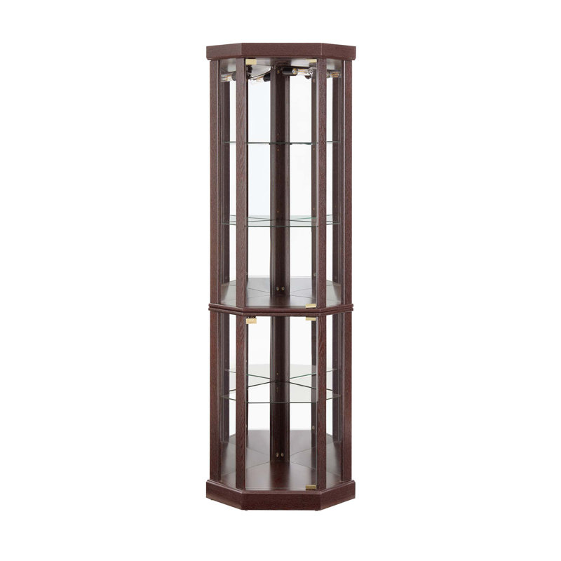 Lighted Corner Curio Cabinet - Elegant Glass Display Case With Built-In Lighting For Living Room & Bar Storage, Cherry