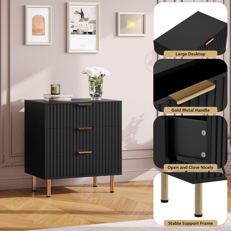 Fluted 3-Drawer Wooden Nightstand Dresser, 59x39x75cm Grille Bedside Cabinet with Gold Metal Legs & Handles, Multi-Purpose Storage Table for Bedroom, Hallway, Nursery & Living Room, Black