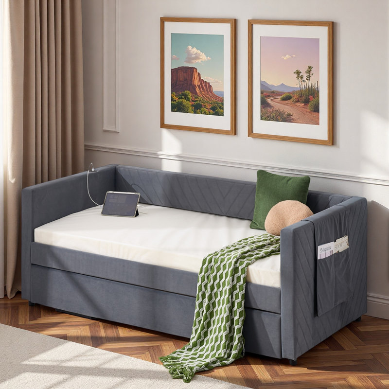 Upholstered Daybed With Trundle, Usb Port And Side Pockets, Gray