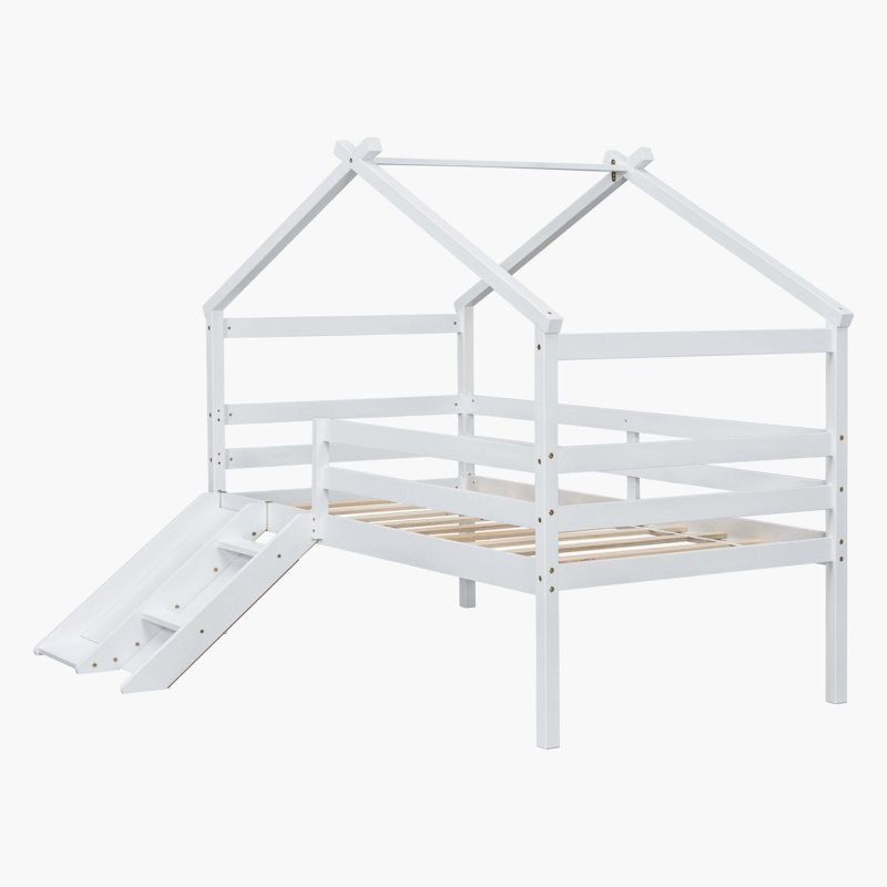White Watsons Low Loft House Bed With Slide, Ladder, Safety Guardrails & House Roof Frame, White