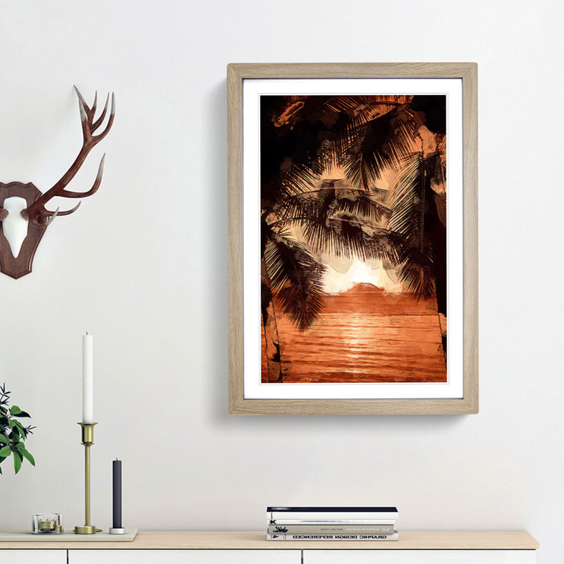 Palm Tree Sunset in Abstract - Picture Frame Graphic Art Print, 36cm H x 27cm W x 2cm D, Oak Framed