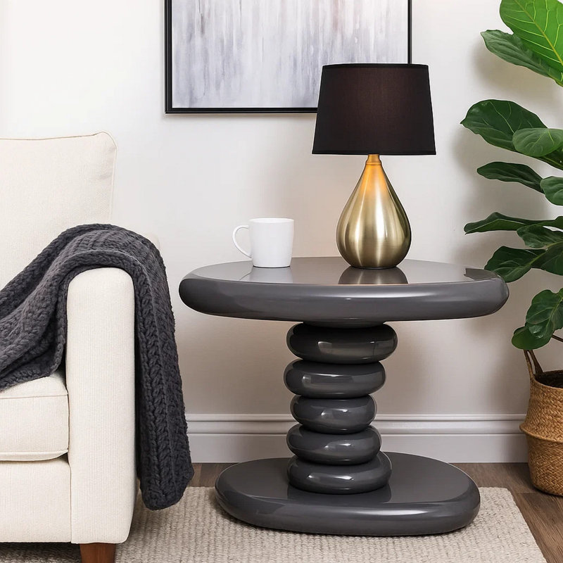 Table de bout Fory, base de galets empilés asymétriques 22 po, gris ultrabrillant, 15" H x 22" W x 16" D