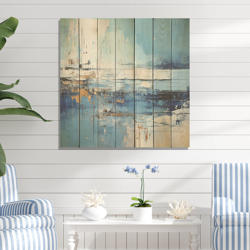 «Blue and Beige Tranquility Beach III» - minimalisme côtier sur bois, H 15 po x l 15 po